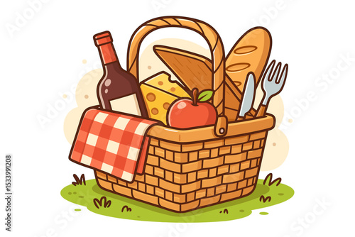 Picnic basket vector illustration with wine, bread, cheese, and apple. Cartoon wicker hamper with gingham cloth for summer outdoor lunch, romance, or family recreation.