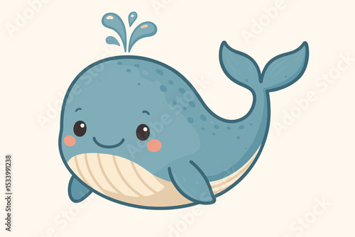 Cute whale cartoon vector illustration. Kawaii blue whale character smiling. Happy sea animal for kids, nursery decor, baby shower. Marine wildlife graphic isolated with water splash.