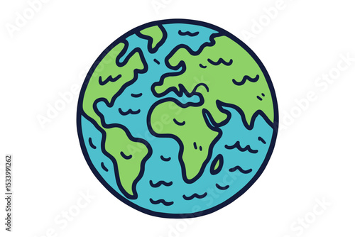 Doodle Earth globe vector illustration. Hand-drawn cartoon planet icon for environmental concepts. World drawing for ecology, conservation, geography, travel and Earth Day themes.