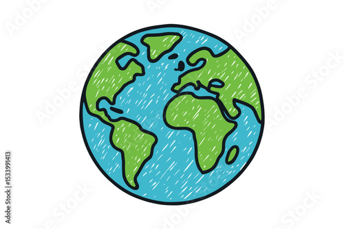 Doodle Earth globe illustration. Hand-drawn planet sketch with scribble texture. Simple world map icon for ecology, environment, and conservation. Cute child's drawing vector.
