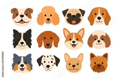 Cute dog faces collection. Set of cartoon puppy head icons. Vector illustrations of various happy pet breeds. Bulldog, Poodle, Pug, Corgi, Dalmatian, Yorkshire Terrier.