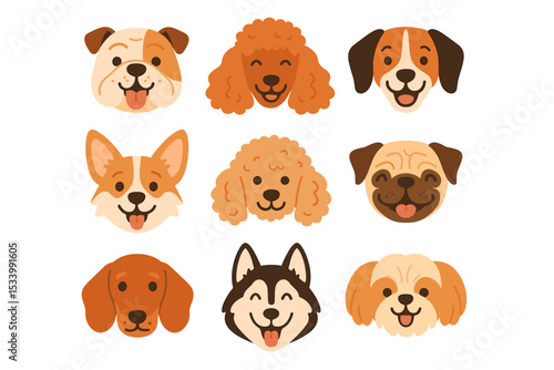 Collection of cute cartoon dog faces. Set of different dog breed heads. Vector illustration of happy pet characters: pug, corgi, poodle, bulldog, husky, dachshund, beagle.