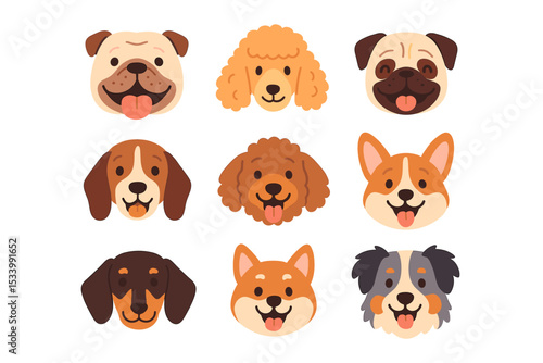 Dog faces vector set. Cute cartoon puppy head collection. Different breeds icon like pug, poodle, corgi, beagle, dachshund. Happy pet animal character avatar flat illustration.
