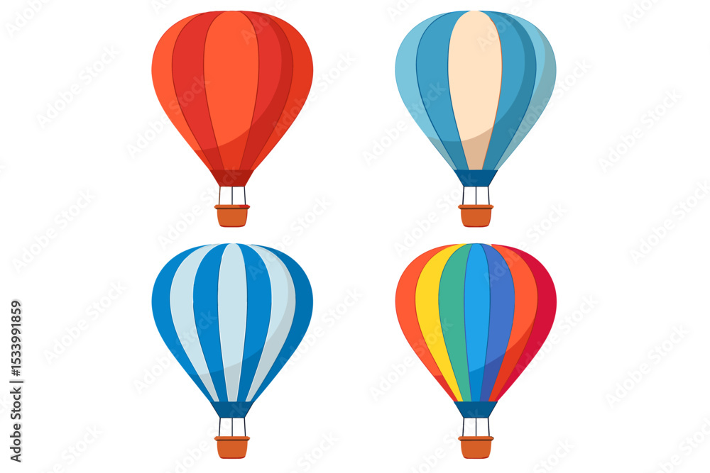 Fototapeta premium Vector set of colorful hot air balloons. Cartoon collection of aerostats with basket. Isolated icons for travel, adventure, festival and tourism concepts. Flat design graphic.