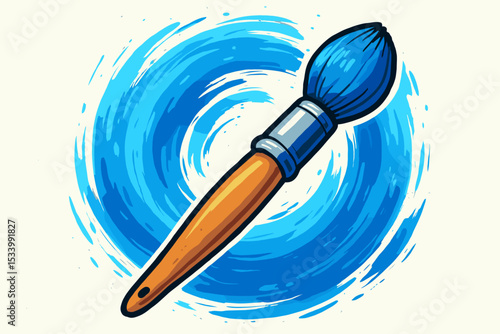 Paintbrush with blue paint creating a circular swirl. Artist tool icon for creativity and design. Vector illustration of a painting process with abstract brushstroke background.