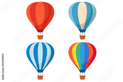Vector set of colorful hot air balloons. Cartoon collection of aerostats with basket. Isolated icons for travel, adventure, festival and tourism concepts. Flat design graphic.