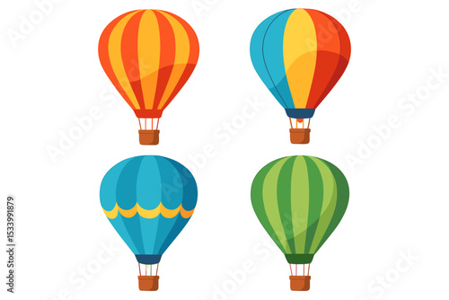 Set of colorful hot air balloons. Vector illustration collection of flying air transport with baskets. Cartoon flat design elements for travel, adventure and festival concepts.