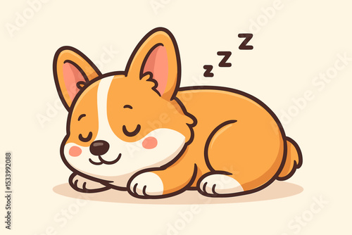 Cute Corgi puppy sleeping peacefully. Adorable cartoon dog character napping. Kawaii animal mascot illustration for pet lovers. Vector graphic of a dreaming Welsh Corgi dog.