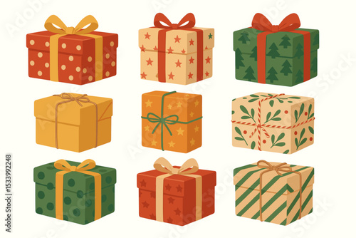 Collection of festive Christmas gift boxes. Set of vintage cartoon presents with ribbon bows. Holiday celebration vector illustration. Birthday surprise packages isolated on white.