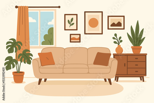 Cozy living room interior with modern furniture in flat design. Vector illustration of a scandinavian style apartment with sofa, plants, and window. Home decor concept background.
