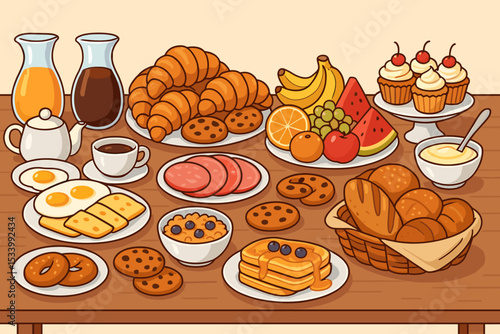 Breakfast buffet spread illustration with a variety of delicious food. Cartoon vector graphic of a morning meal with pancakes, croissants, eggs, fruit, coffee, juice, and pastries.