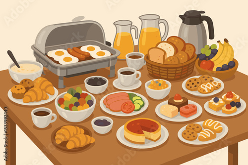 Hotel breakfast buffet illustration with a variety of food on a table. All-you-can-eat morning meal concept with eggs, sausage, pastries, coffee, and fruit. Catering vector.