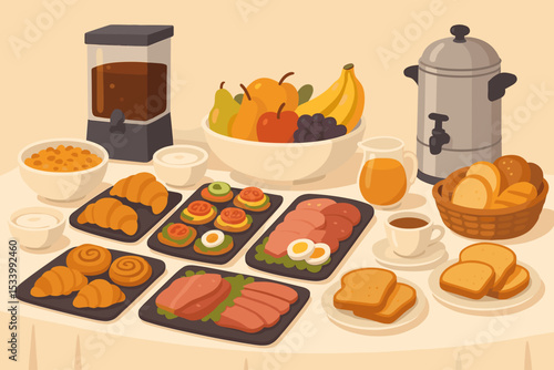 Hotel breakfast buffet vector illustration. Morning food spread with coffee, croissants, fruit, eggs, and ham. All-you-can-eat catering concept for restaurant and hospitality.