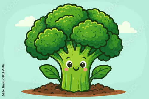 Cute broccoli cartoon character with a happy face. Kawaii vegetable mascot growing in the garden soil. Healthy organic food illustration for children. Vector of a smiling veggie.