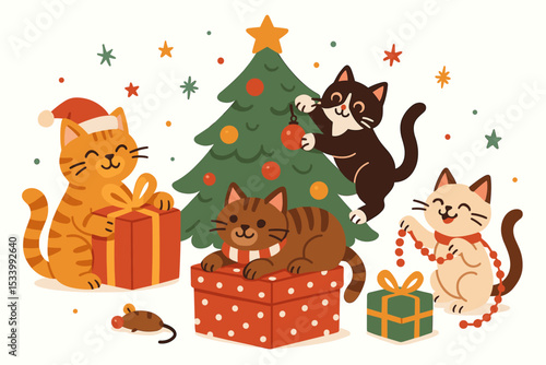 Group of funny cats celebrating the Christmas holiday. Cute cartoon kittens playing with presents and decorating the tree. Naughty pets making mischief. Festive winter vector design.