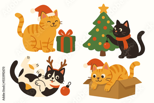 Christmas cats vector set. Cute cartoon kittens celebrating holidays. Funny pets playing with tree, gifts, ornaments. Mischievous animal characters for festive winter design.