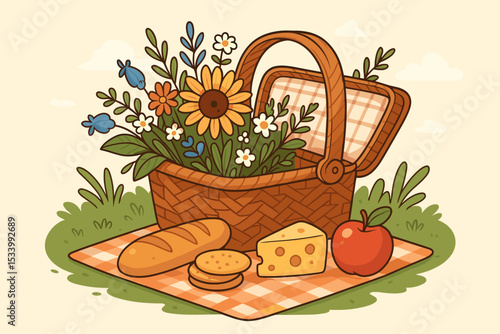 Summer picnic basket with food and flowers on a gingham blanket. Outdoor leisure concept with bread, cheese, apple, and crackers. Hand drawn cartoon vector illustration for nature dining.