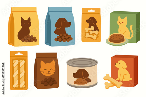 Pet food collection vector illustration. Set of dog and cat food packaging. Dry kibble in bag, wet food in can, and treats like bones. Animal supplies for pet shop or vet clinic.