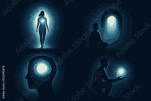 Spiritual awakening illustration set. Concept of consciousness, enlightenment, and soul. Silhouette meditating, finding inner light. Mystical journey of hope and mental healing.