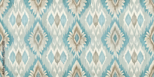 Elegant blue and beige patterned wallpaper with a floral motif.