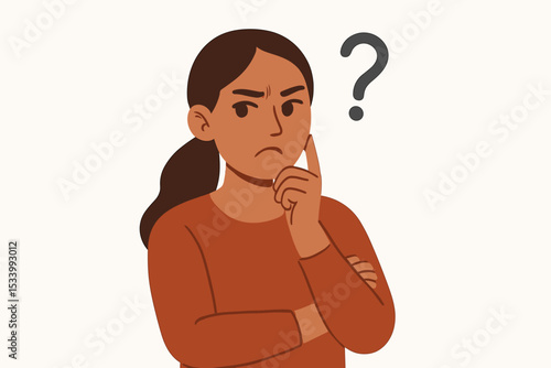 Thinking woman with question mark. Confused, doubtful girl has a question. Pensive female character portrait. Concept of uncertainty, skepticism, problem solving, choice, dilemma.