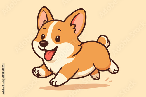 Happy running Corgi dog, cute cartoon illustration. Pembroke Welsh Corgi puppy character. Playful smiling pet mascot for logo or brand. Joyful animal vector graphic icon.