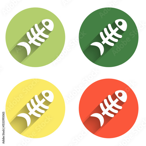 Set Fish skeleton icon isolated with long shadow background. Fish bone sign. Color circle button. Vector