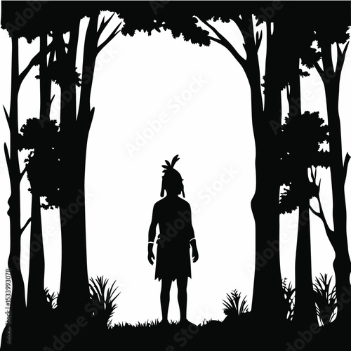 Silhouette of Native American figure in forest clearing with feathered headdress.