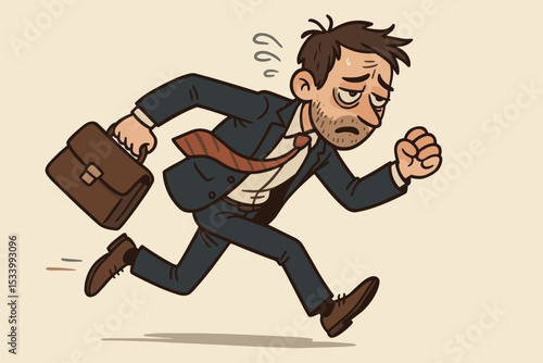 Rushing businessman cartoon illustration. Stressed, exhausted man in a suit running late with a briefcase. Concept of deadline pressure, anxiety, overwork, and corporate life.