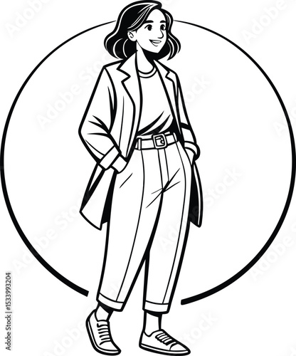 Stylish woman in overcoat and trousers black and white illustration