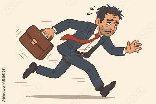 Rushing businessman running late for work. Stressed and tired office worker with briefcase hurrying to meet a deadline. Concept of corporate pressure, anxiety, and being overworked.