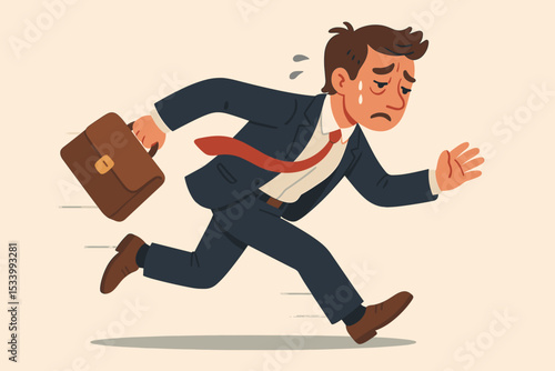 Stressed businessman in a suit with a briefcase running late for work. Anxious office worker hurrying to meet a deadline. Concept of time pressure, urgency, and corporate life.