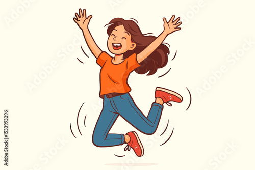 Happy girl jumping for joy cartoon illustration. Energetic young woman celebrating success with a leap. Cheerful character expressing excitement, freedom, and positive emotions.
