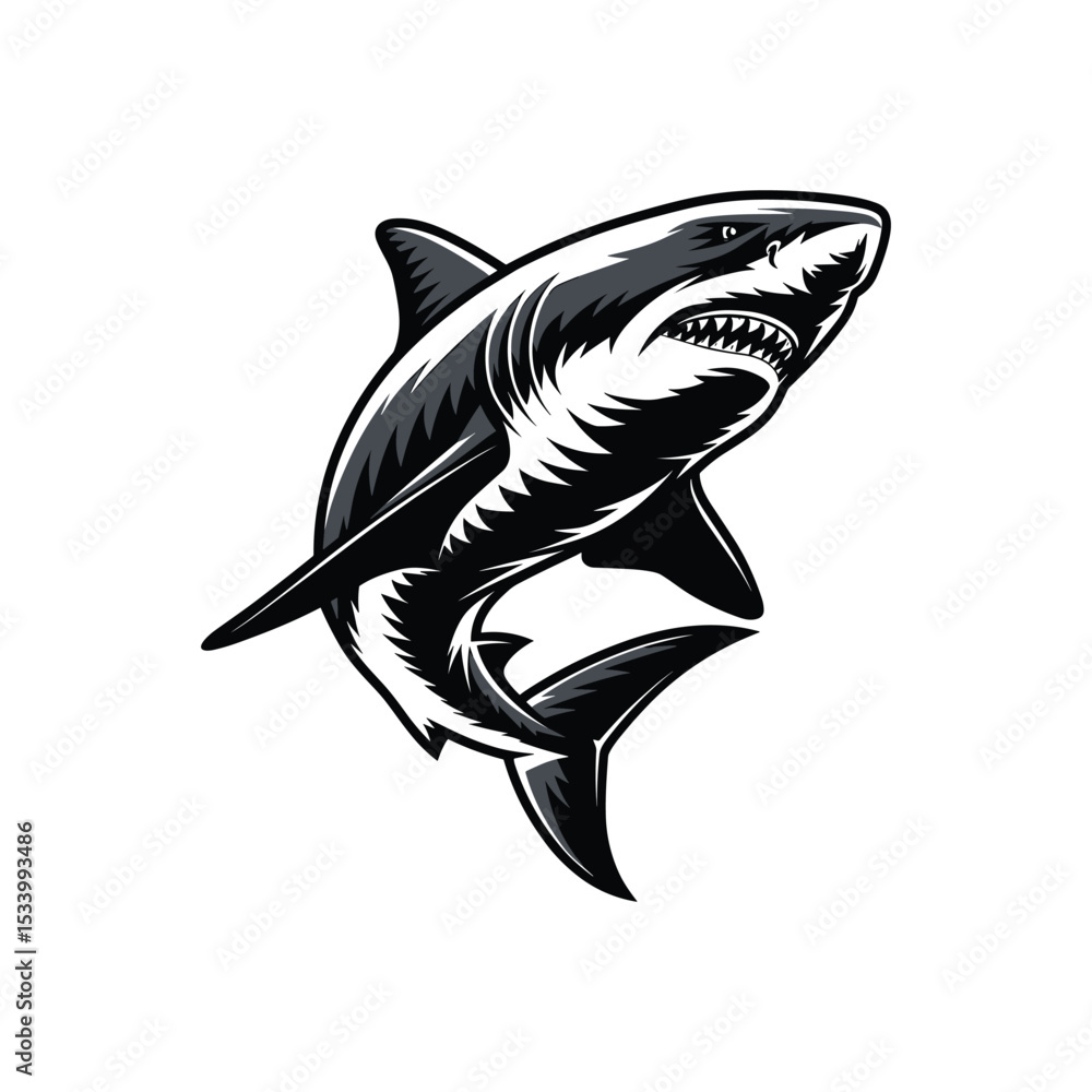 Fototapeta premium Black and White Fierce Shark Illustration on White Background