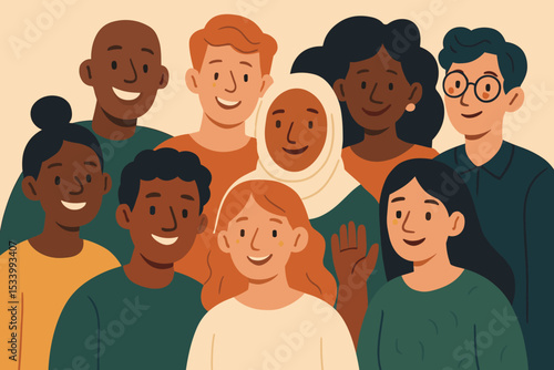 Diverse community portrait illustration of multicultural people. Group of happy men and women from different ethnicities. Concept for society, unity, racial equality, and inclusion.