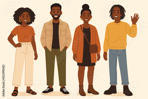Set of stylish African American people. Collection of diverse black men and women characters in casual fashion. Full body vector illustration of a friendly group. Modern flat design.