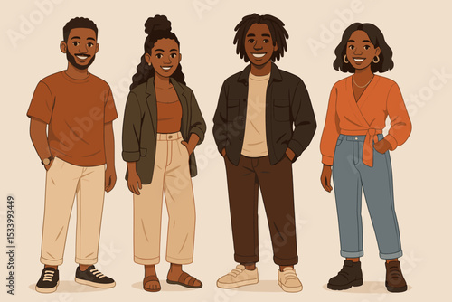 Group of young African American people character set. Diverse Black men and women in stylish modern casual clothes. Full body vector illustration of smiling friends or colleagues.