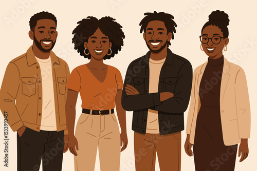 Group of stylish young African American professionals. Black business people team portrait. Diverse community concept. Modern flat vector illustration of friends or colleagues.