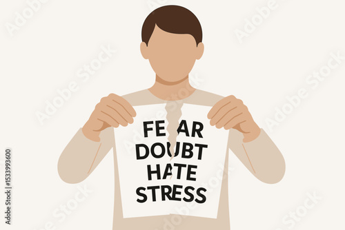 Person tearing paper with negative words symbolizing breakthrough in mental health journey