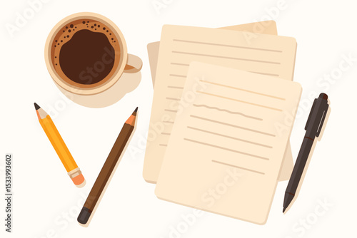 Writer's desk flat lay with morning coffee, paper, pen, and pencils. Creative workspace top view vector illustration. Concept for journaling, study, planning, or office work.