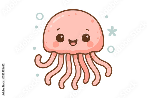 Cute jellyfish cartoon character. Adorable pink kawaii sea animal smiling happily. Underwater marine life vector illustration for kids, baby shower, nursery decor or print design.