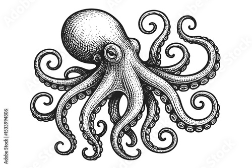 Octopus drawing. Vintage engraving illustration. Hand drawn monochrome sea creature with tentacles. Nautical marine animal sketch. Kraken monster. Black and white woodcut print.