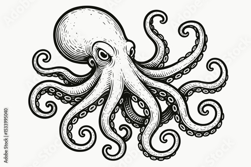 Vintage octopus drawing in engraved woodcut style. Isolated monochrome marine animal with tentacles. Hand drawn kraken sea monster sketch for nautical logo, tattoo or emblem.