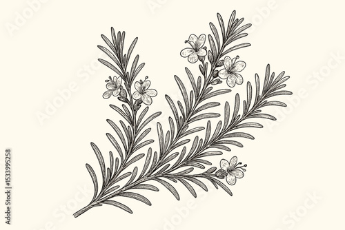 Vintage rosemary sprig illustration with flowers. Botanical hand-drawn sketch in a detailed engraving style. Aromatic herb, culinary spice, and medicinal plant line art vector.