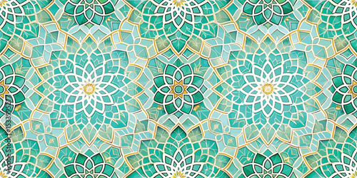 Intricate turquoise and gold floral pattern design.