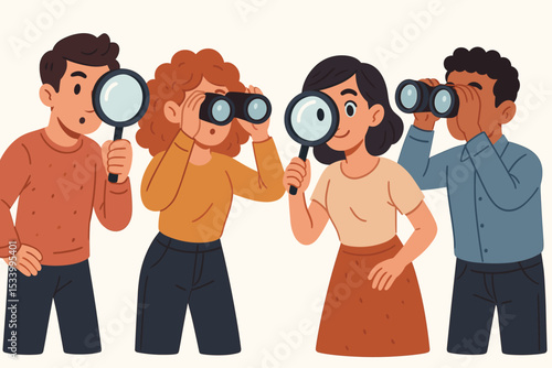 Diverse group of people searching and investigating with magnifying glass and binoculars. Concept for research, discovery, data analysis, teamwork, and talent acquisition.