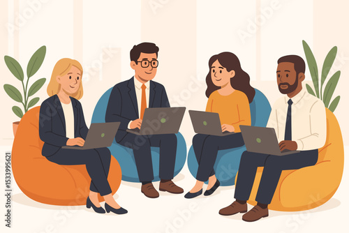 Diverse business team working on laptops in a modern coworking space. Concept of collaboration, teamwork, and communication. Creative office with people on beanbags. Startup culture.