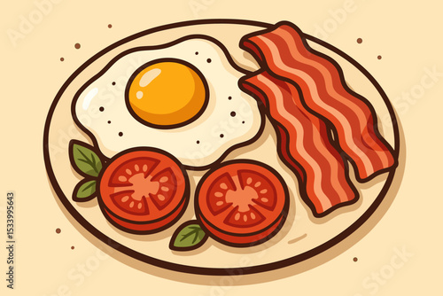 Hearty breakfast concept with sunny side up egg, crispy bacon, and fresh tomatoes. Flat vector icon of a traditional American or English breakfast for a food menu or restaurant.