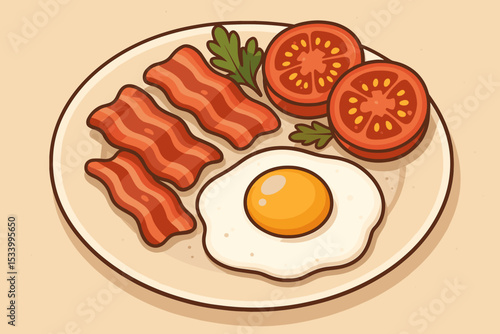 Traditional breakfast vector illustration with a sunny side up egg, crispy bacon, and sliced tomatoes on a plate. Concept for a hearty morning meal, brunch, cafe, or restaurant.