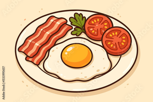 Classic breakfast plate with fried egg, bacon, and tomatoes. Cartoon vector illustration of a hearty morning meal. American or English breakfast concept for menu or recipe design.